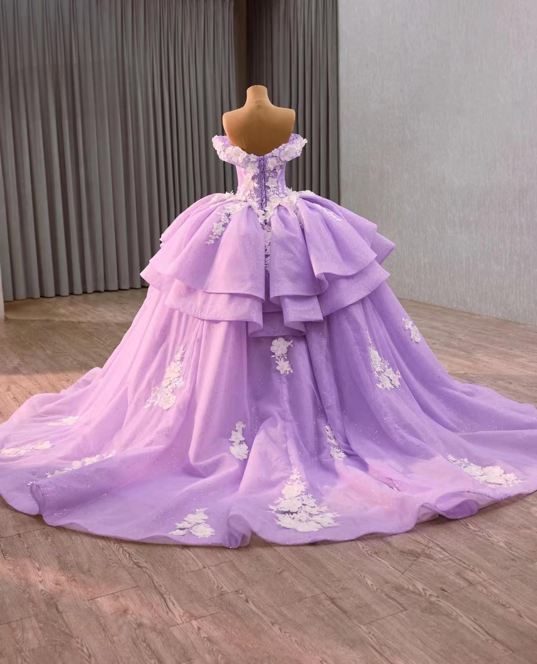 Blue Princess Ball Gown Wedding Dress – Off-Shoulder Tulle Bridal Gown with Floral Embroidery