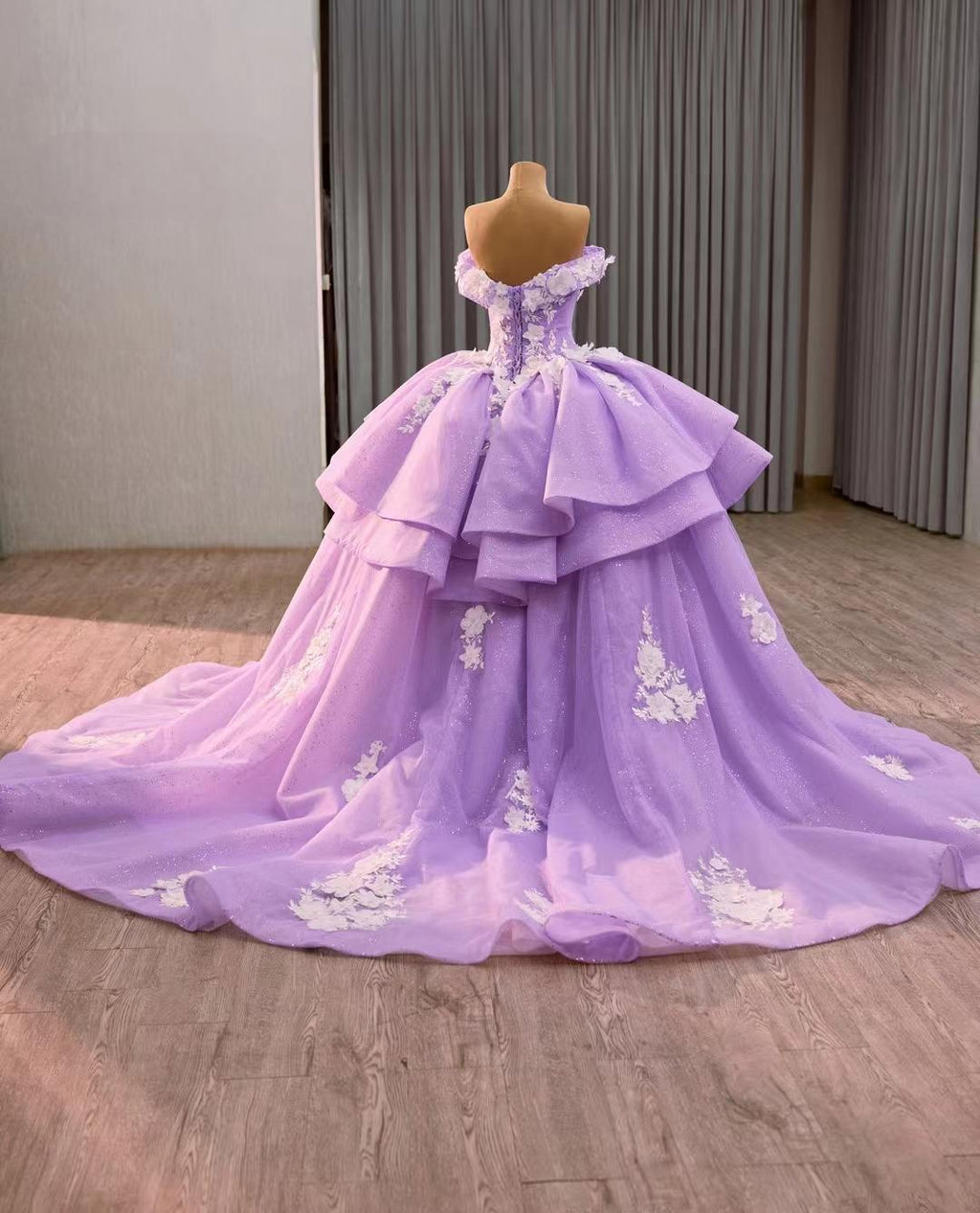 Blue Princess Ball Gown Wedding Dress – Off-Shoulder Tulle Bridal Gown with Floral Embroidery