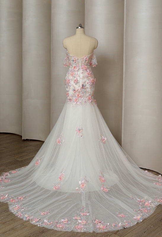 Colourful Floral Wedding dress Mermaid Coloured Cathedral  Embroidery With Petal Train, Non traditional Gown