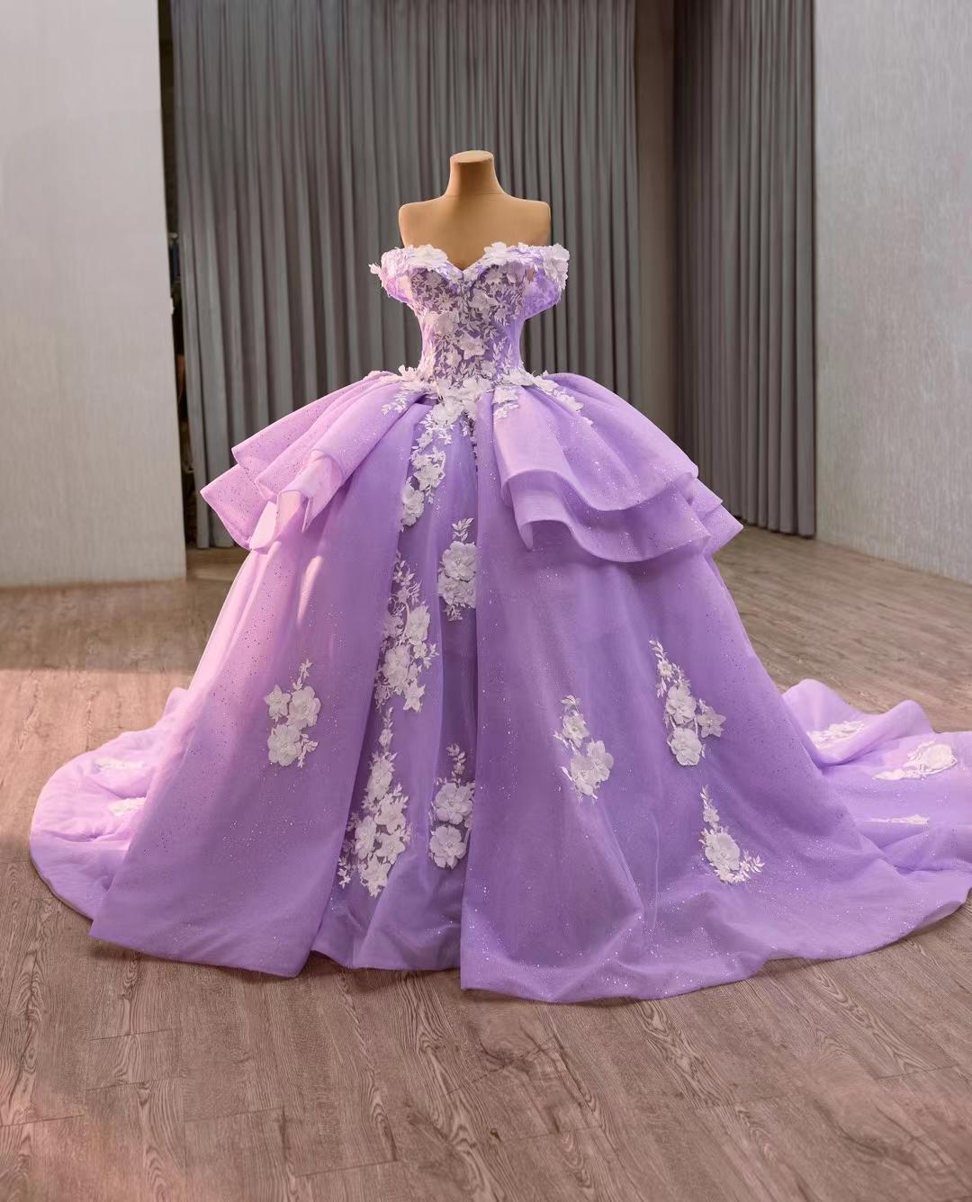 Blue Princess Ball Gown Wedding Dress – Off-Shoulder Tulle Bridal Gown with Floral Embroidery