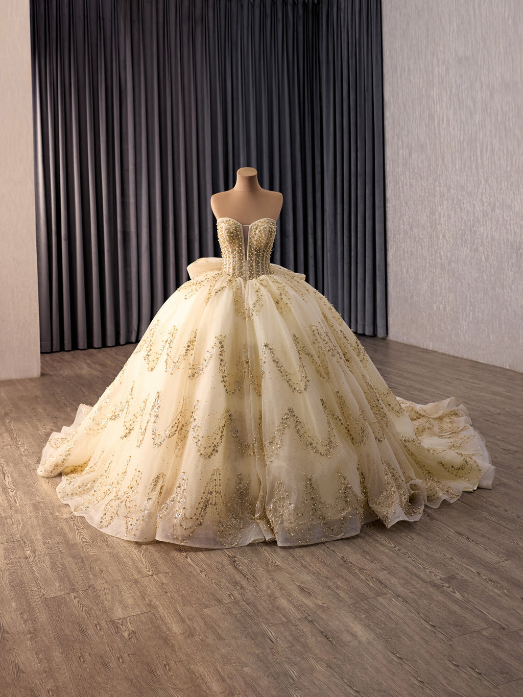 Champagne Gold Glitter Ball Gown with Detachable Puff Sleeves