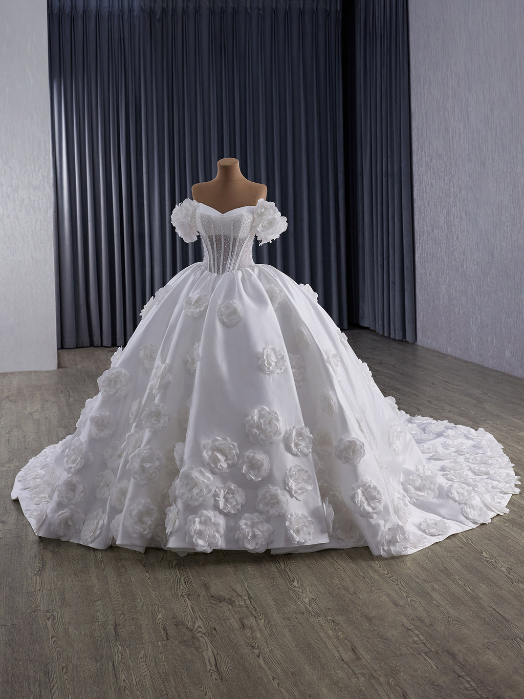 Corset Wedding Gown, Off Shoulder Floral Bridal Dress, Sweathear Neckline, 3D Flower