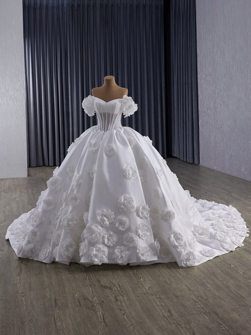 3D floral satin ball gown wedding dress with beaded corset bodice and off-shoulder - Auckland bridal designer