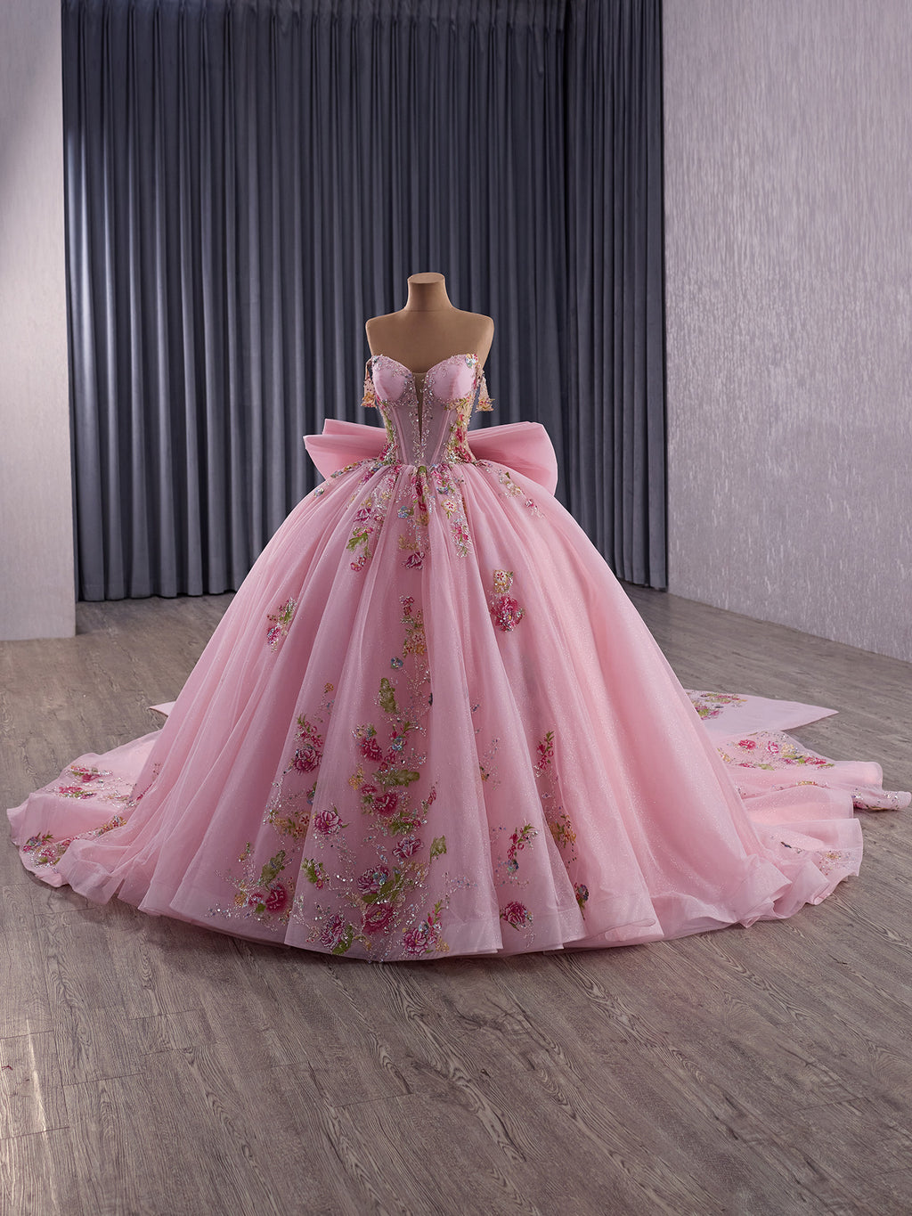 Blush Pink Princess Ball Gown Wedding Dress – Off-Shoulder Tulle Bridal Gown with Floral Beads