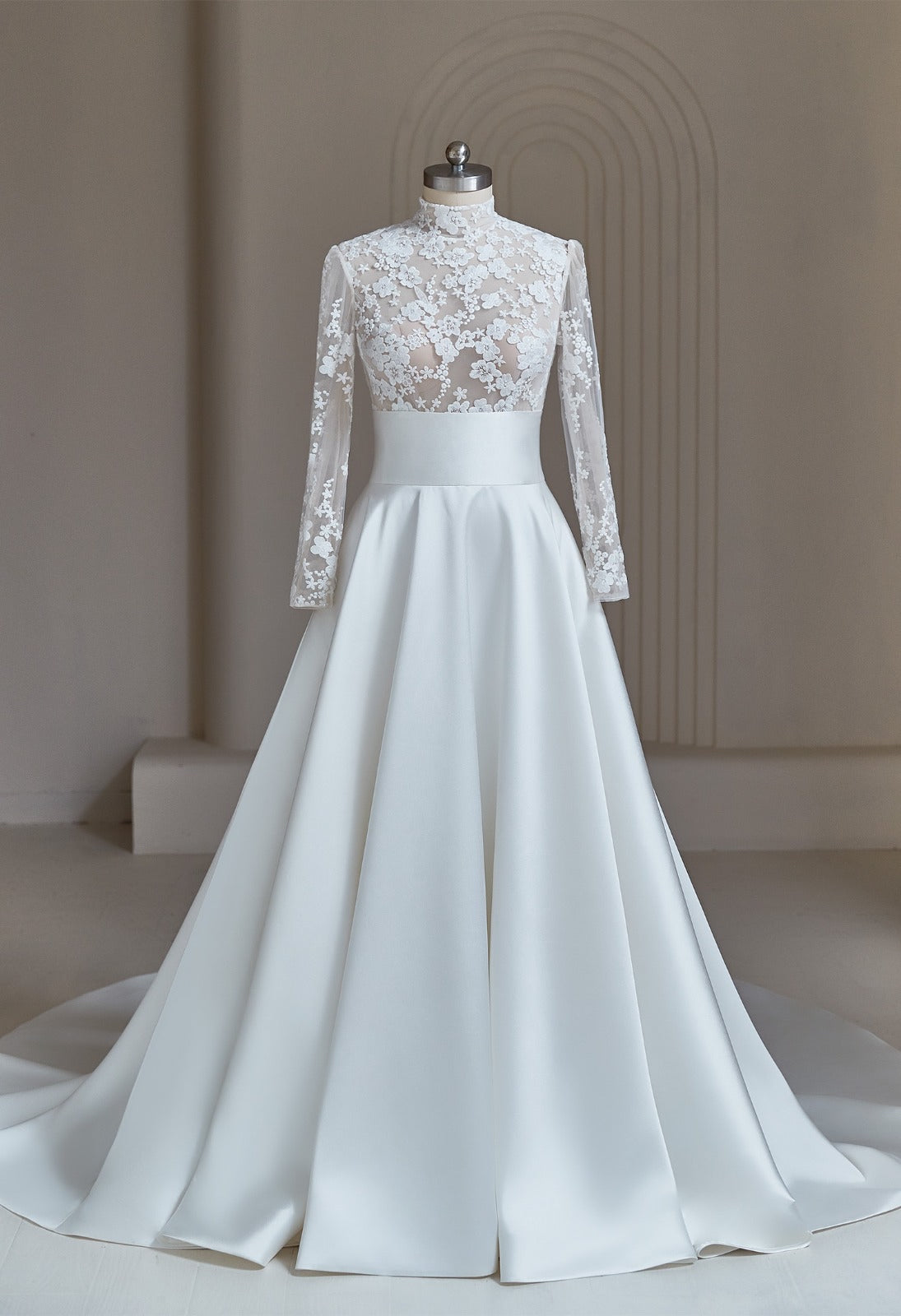 Modest high-neck lace wedding dress with long illusion sleeves and Mikado A-line skirt