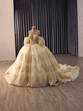 Champagne Gold Glitter Ball Gown with Detachable Puff Sleeves