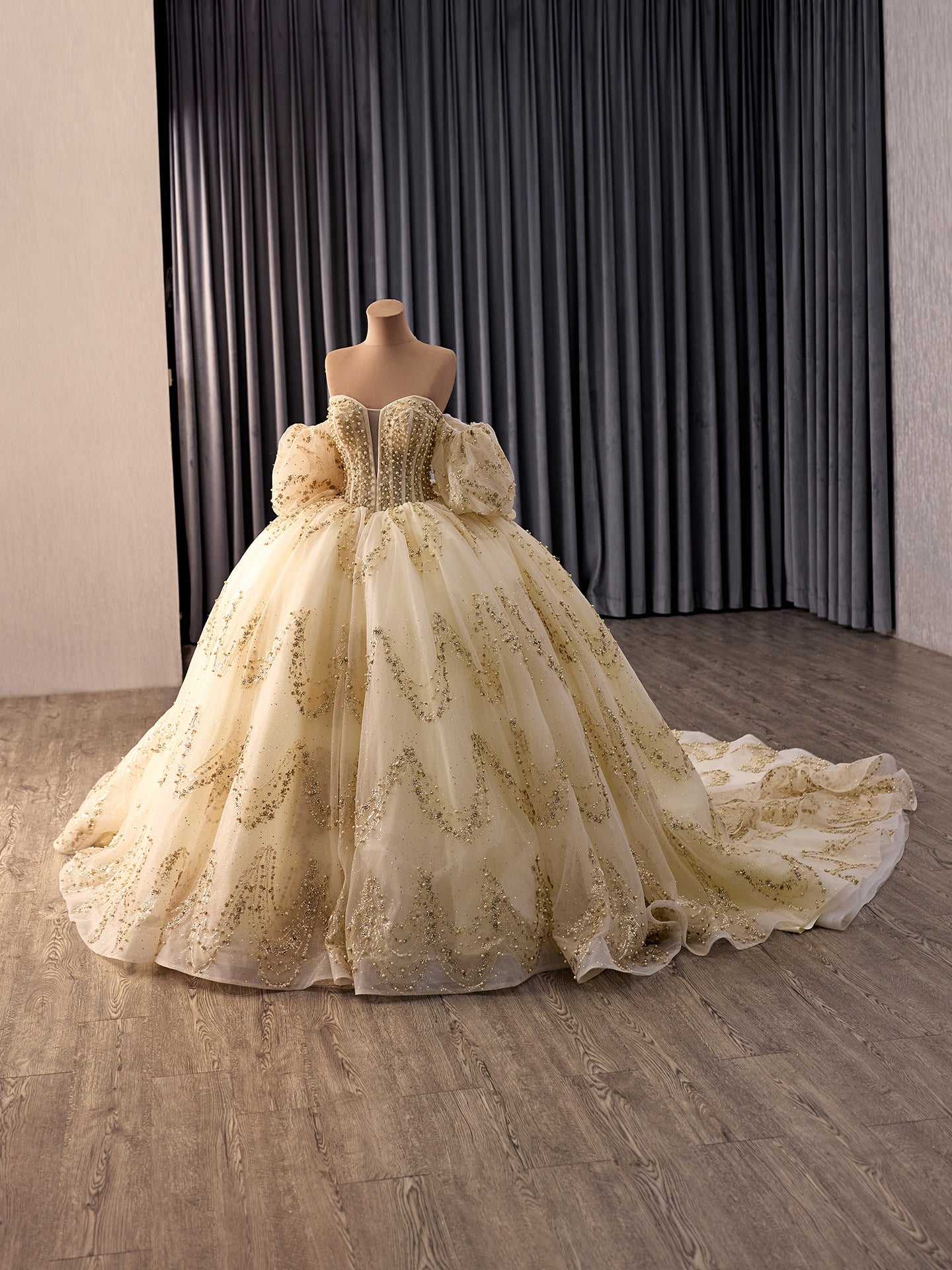 Champagne Gold Glitter Ball Gown with Detachable Puff Sleeves