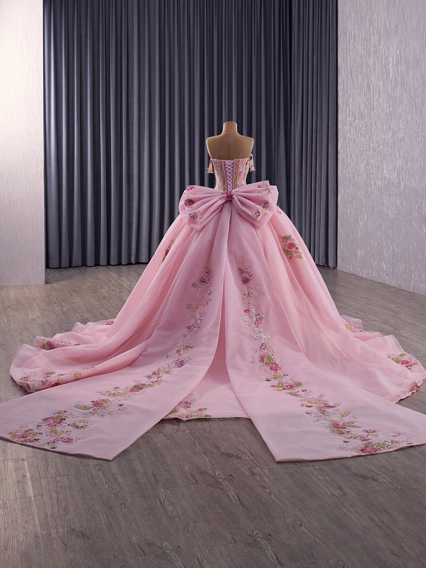 Blush Pink Princess Ball Gown Wedding Dress – Off-Shoulder Tulle Bridal Gown with Floral Beads
