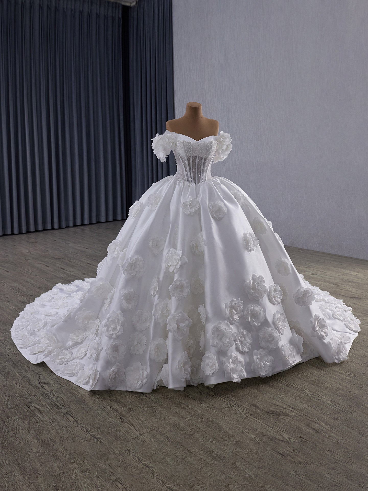 Corset Wedding Gown, Off Shoulder Floral Bridal Dress, Sweathear Neckline, 3D Flower