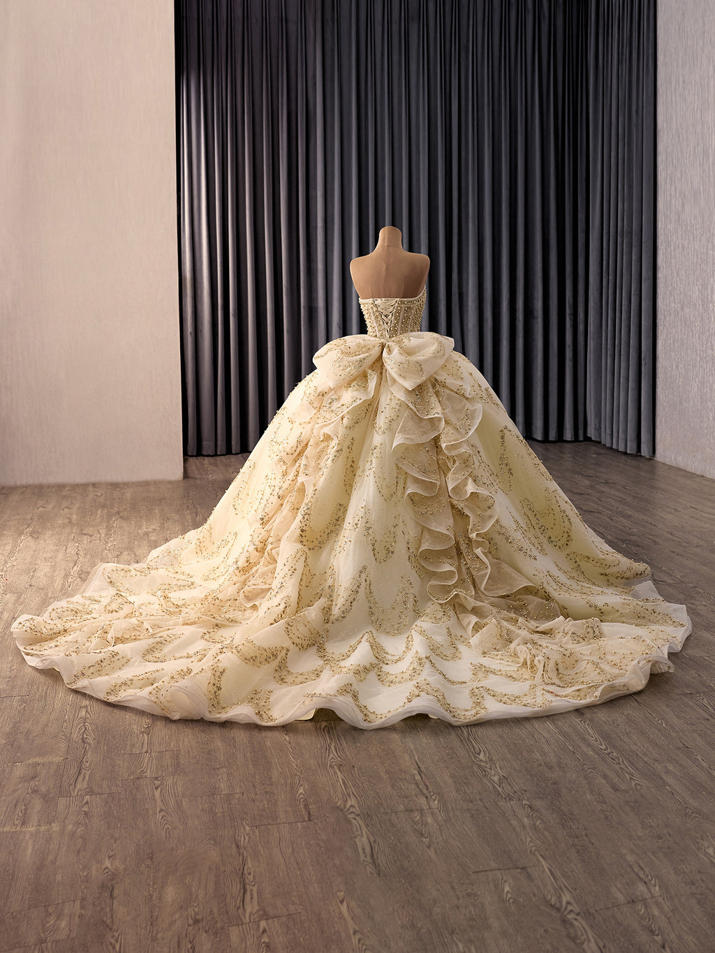 Champagne Gold Glitter Ball Gown with Detachable Puff Sleeves