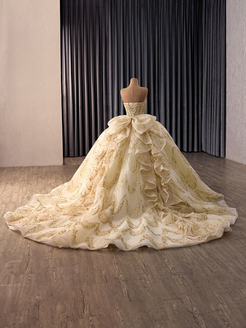 Champagne Gold Glitter Ball Gown with Detachable Puff Sleeves