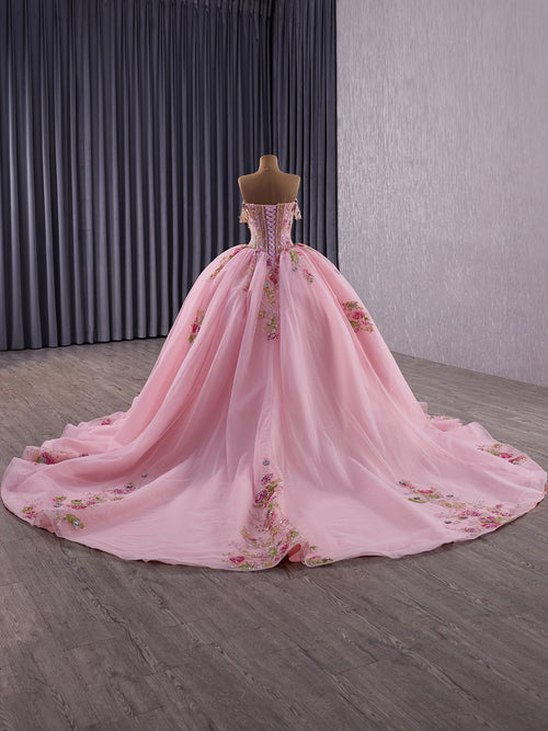 Blush Pink Princess Ball Gown Wedding Dress – Off-Shoulder Tulle Bridal Gown with Floral Beads