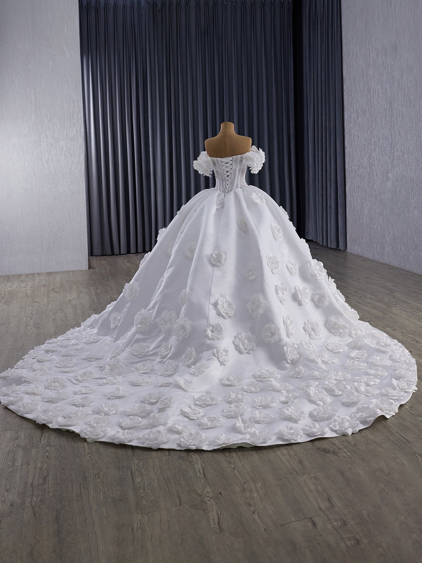 Corset Wedding Gown, Off Shoulder Floral Bridal Dress, Sweathear Neckline, 3D Flower