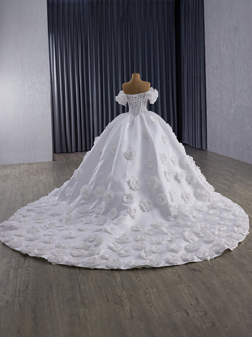 Corset Wedding Gown, Off Shoulder Floral Bridal Dress, Sweathear Neckline, 3D Flower