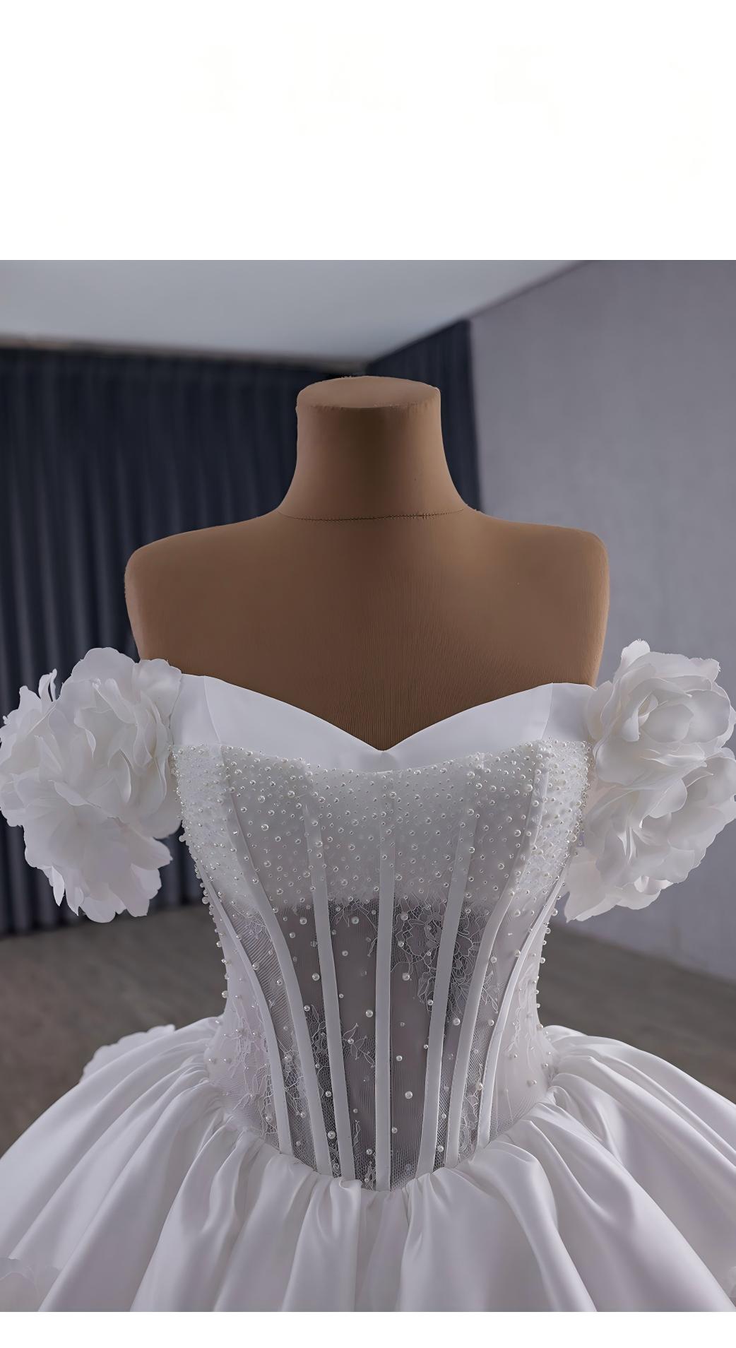 Corset Wedding Gown, Off Shoulder Floral Bridal Dress, Sweathear Neckline, 3D Flower