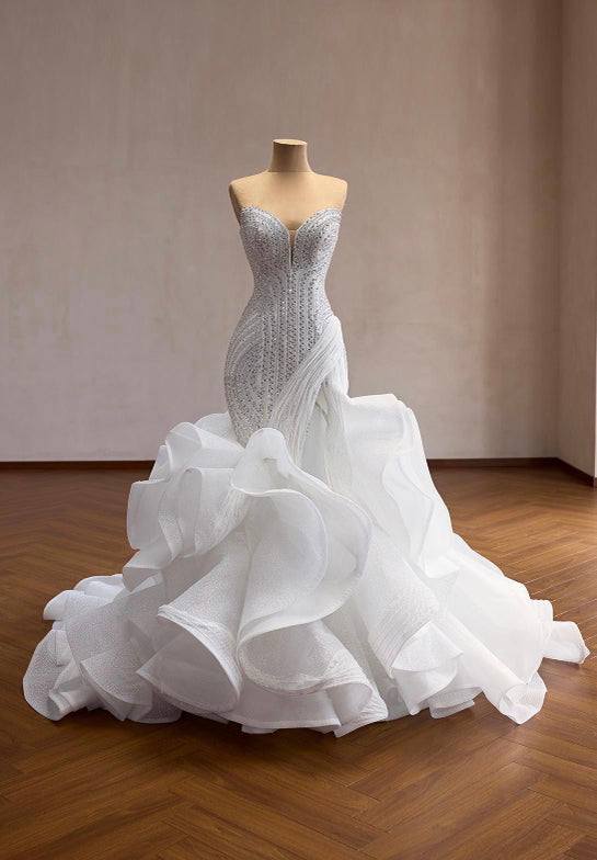 Mermaid Wedding Dress | Beaded Corset Gown, Organza Ruffle Train, Custom Bridal