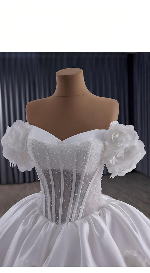 3D floral satin ball gown wedding dress with beaded corset bodice and off-shoulder - Auckland bridal designer