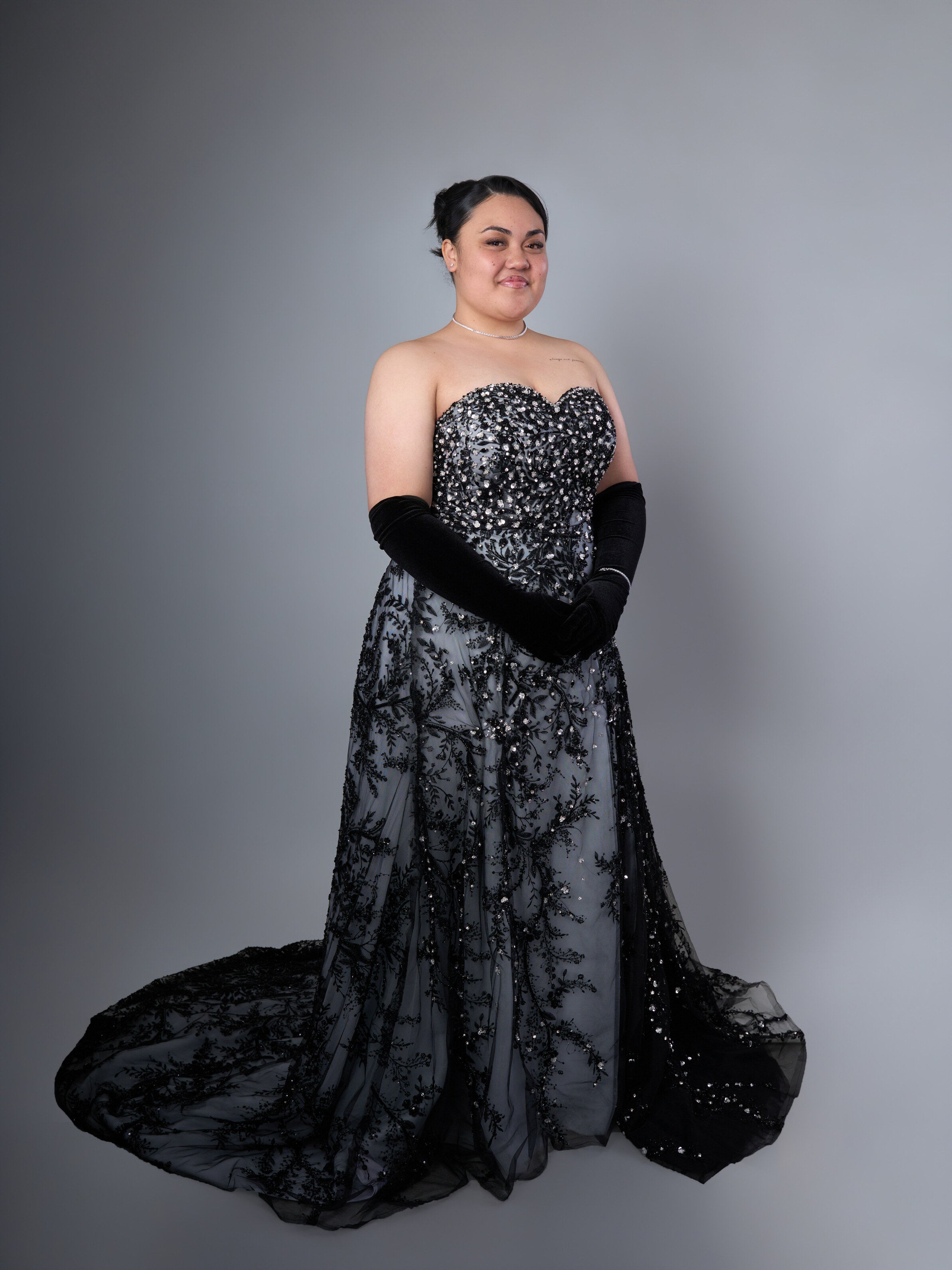 Custom Black Embellished Ball Gown with Sweetheart Neckline & Black Beaded Lace and Rhinestone Accents