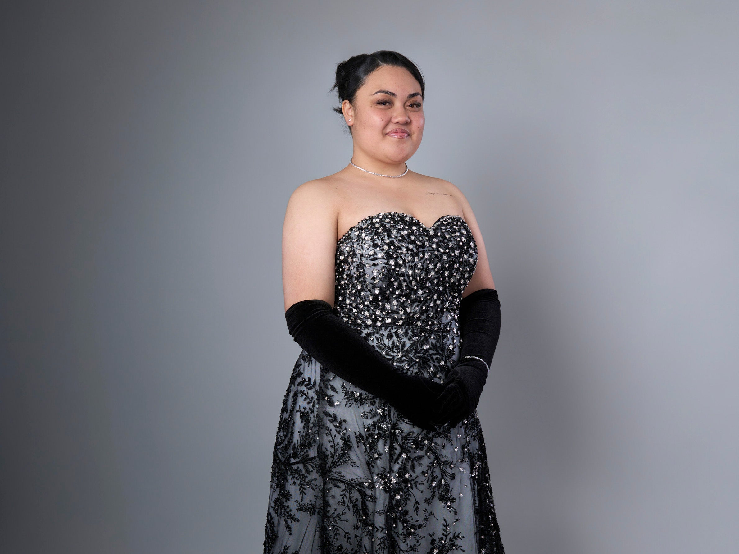 Custom Black Embellished Ball Gown with Sweetheart Neckline & Black Beaded Lace and Rhinestone Accents