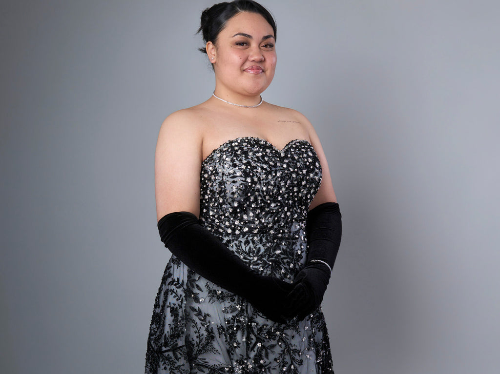 Custom Black Embellished Ball Gown with Sweetheart Neckline & Black Beaded Lace and Rhinestone Accents