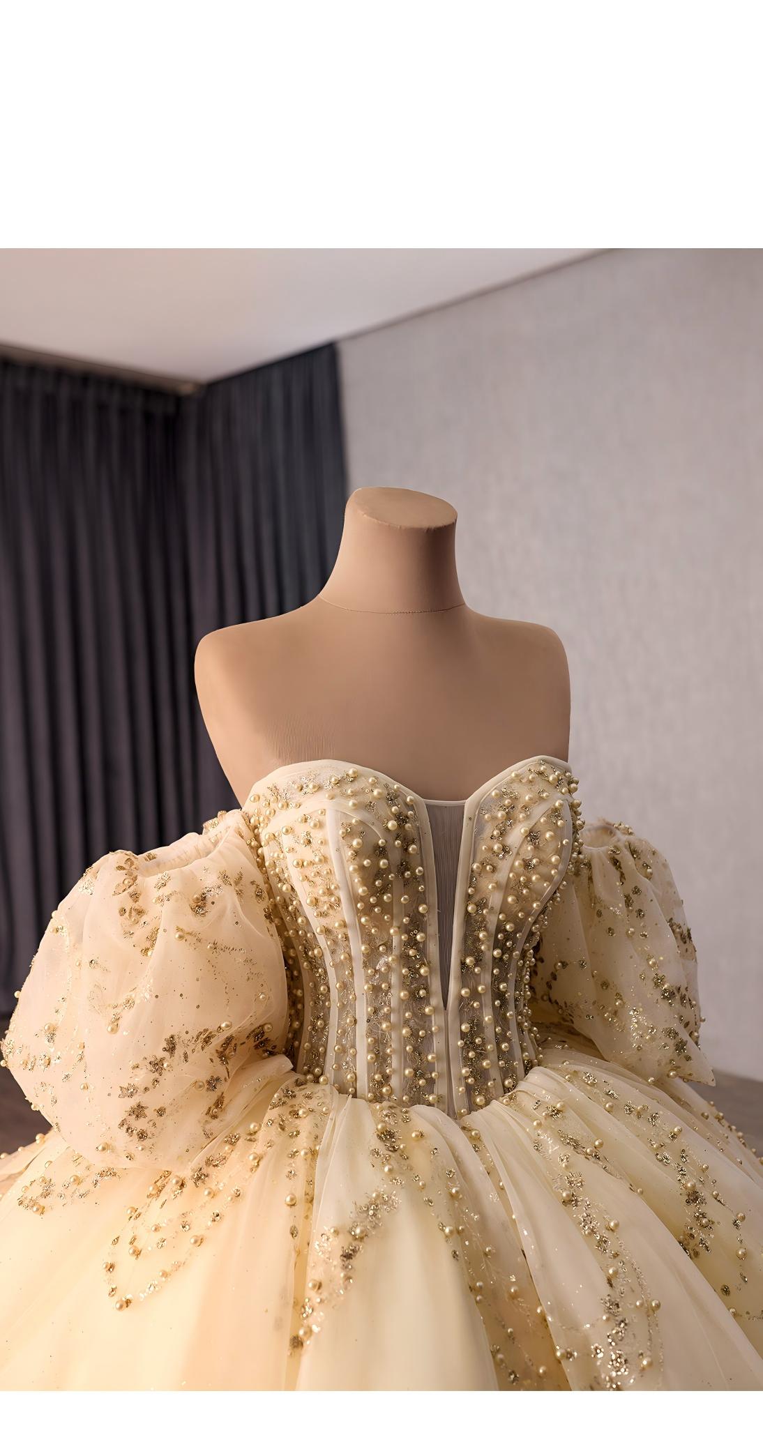 Champagne Gold Glitter Ball Gown with Detachable Puff Sleeves