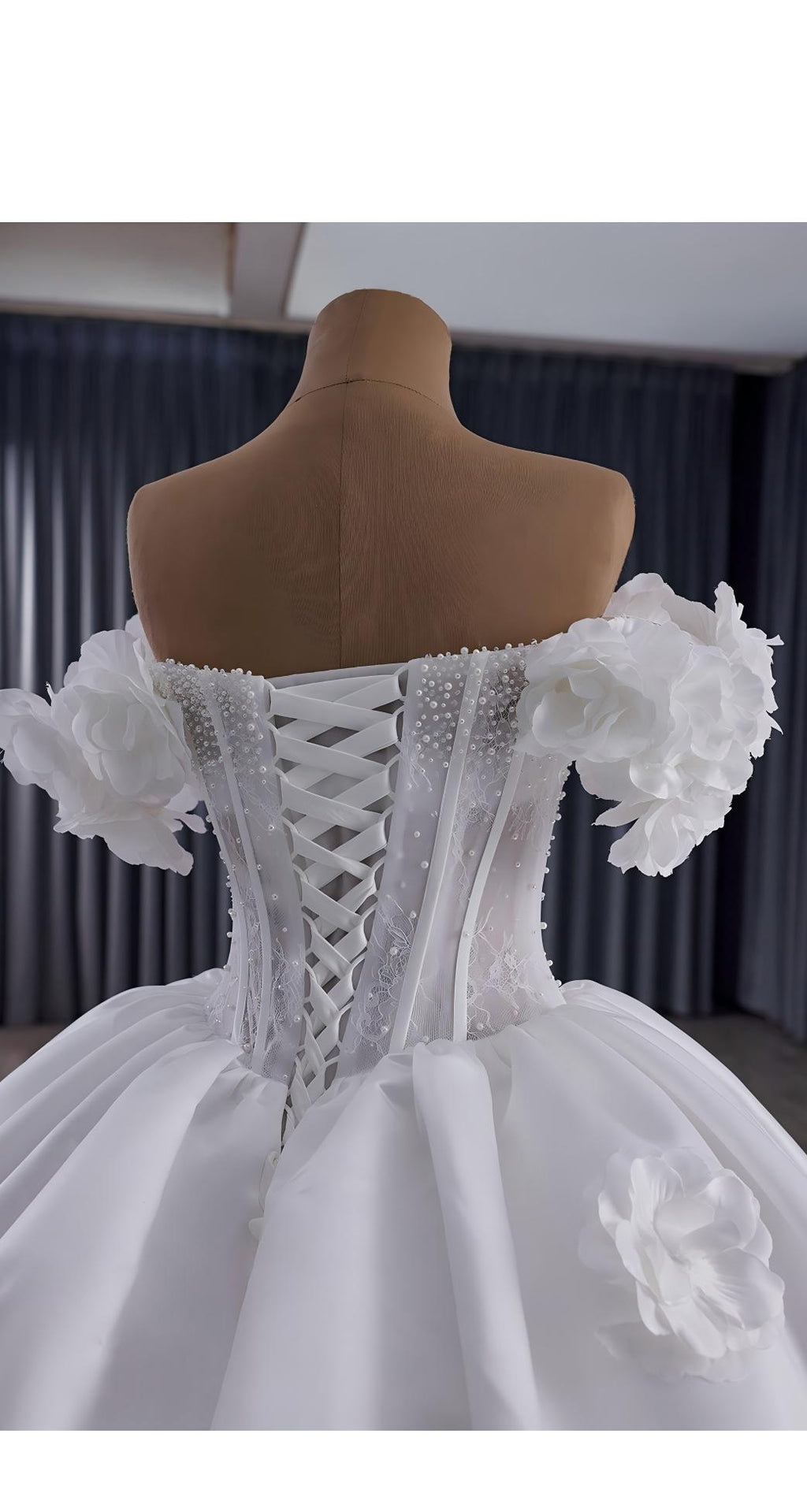 Corset Wedding Gown, Off Shoulder Floral Bridal Dress, Sweathear Neckline, 3D Flower