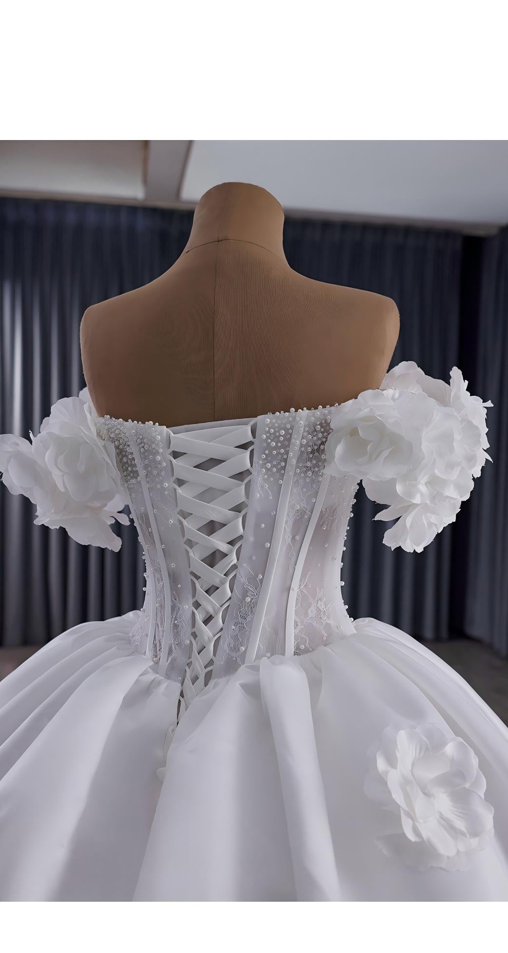 Corset Wedding Gown, Off Shoulder Floral Bridal Dress, Sweathear Neckline, 3D Flower