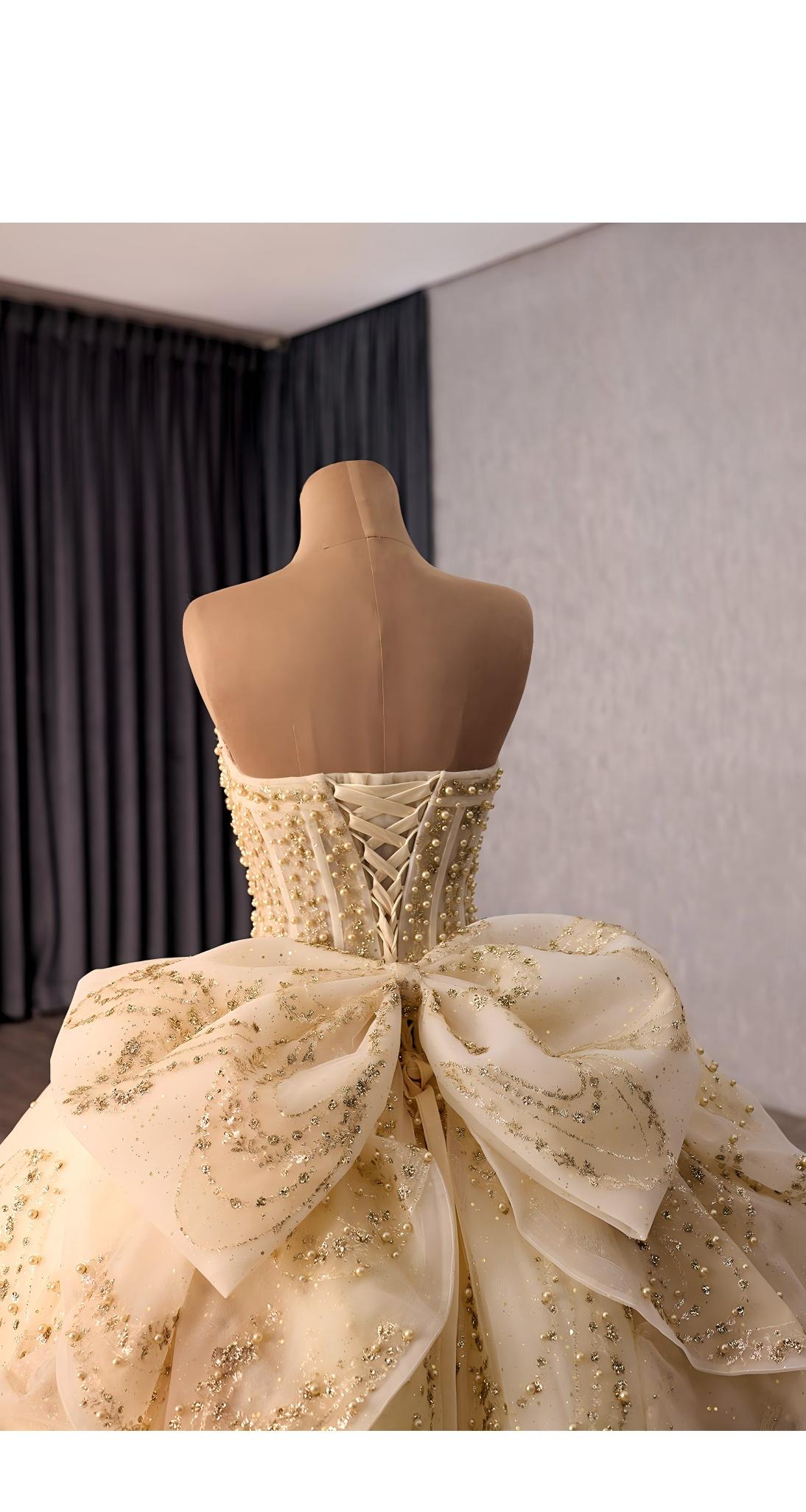 Champagne Gold Glitter Ball Gown with Detachable Puff Sleeves