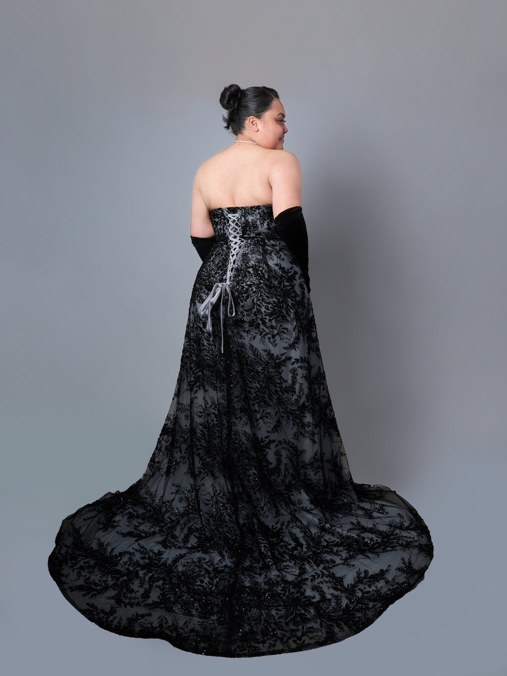 Custom Black Embellished Ball Gown with Sweetheart Neckline & Black Beaded Lace and Rhinestone Accents