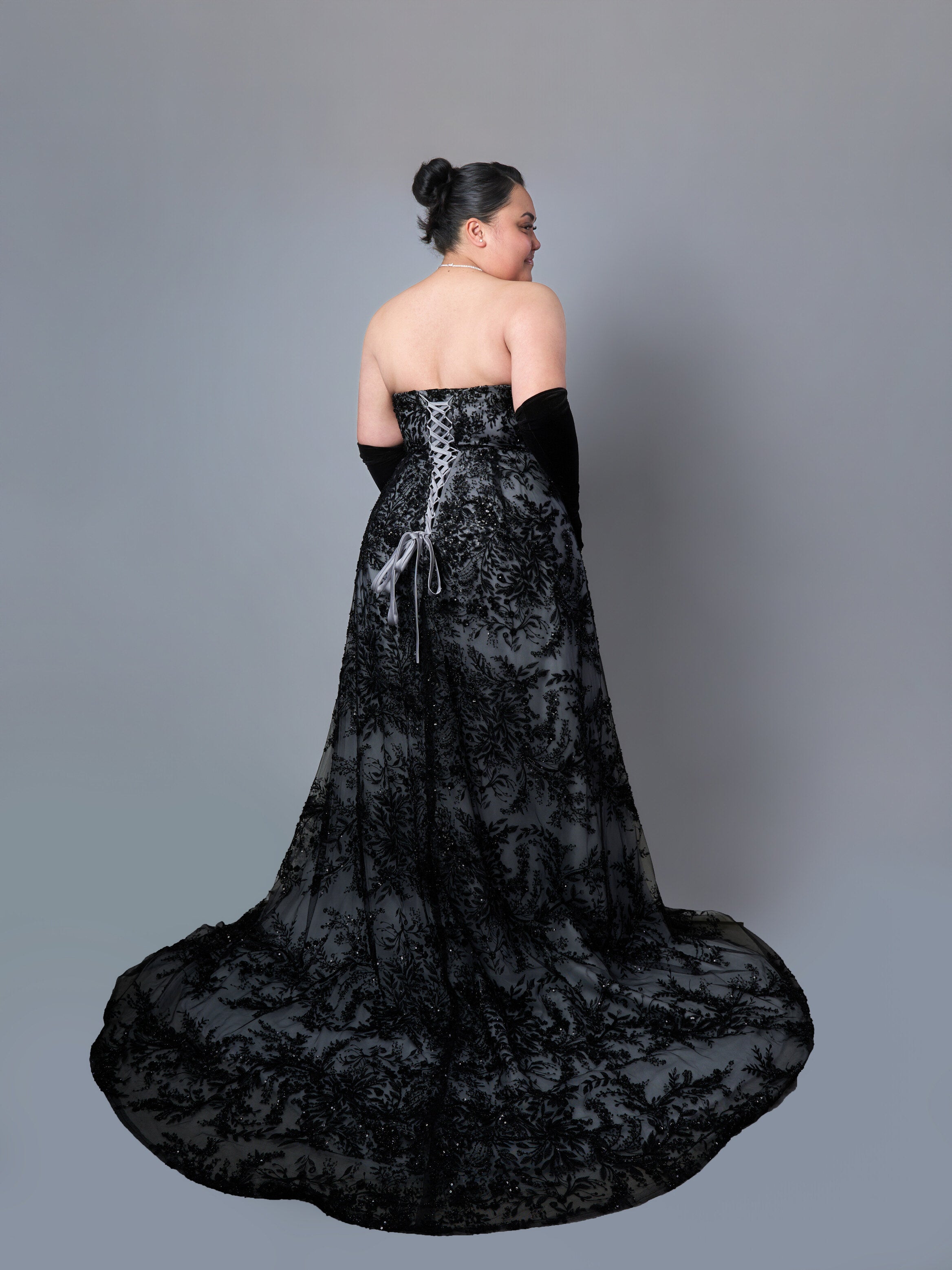 Custom Black Embellished Ball Gown with Sweetheart Neckline & Black Beaded Lace and Rhinestone Accents