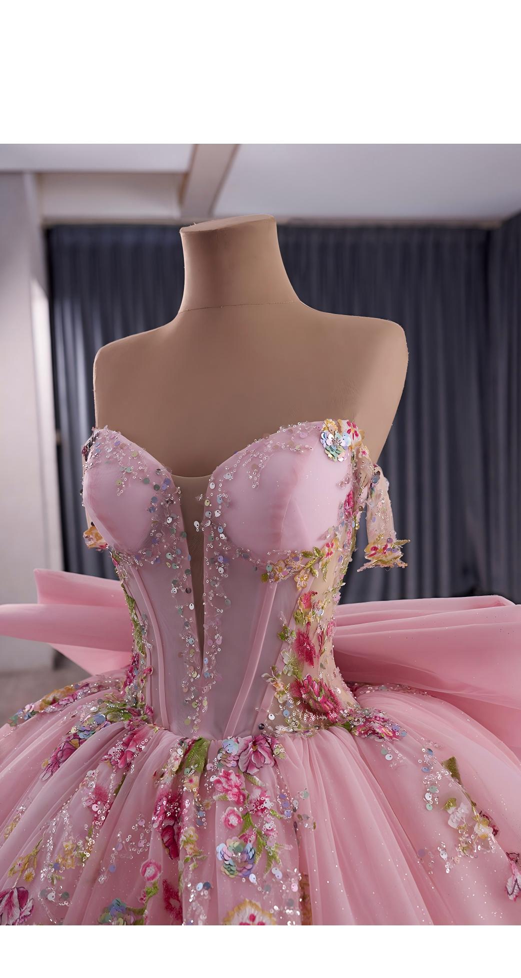 Blush Pink Princess Ball Gown Wedding Dress – Off-Shoulder Tulle Bridal Gown with Floral Beads