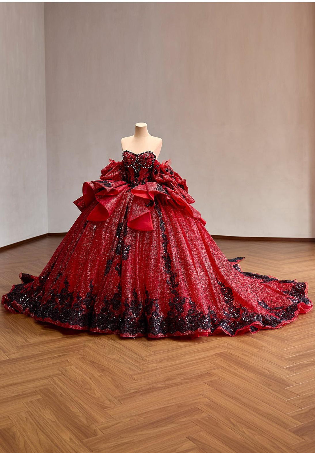 Red Glitter Ball Gown with Black Lace | Corset Sweetheart Wedding & Prom Dress