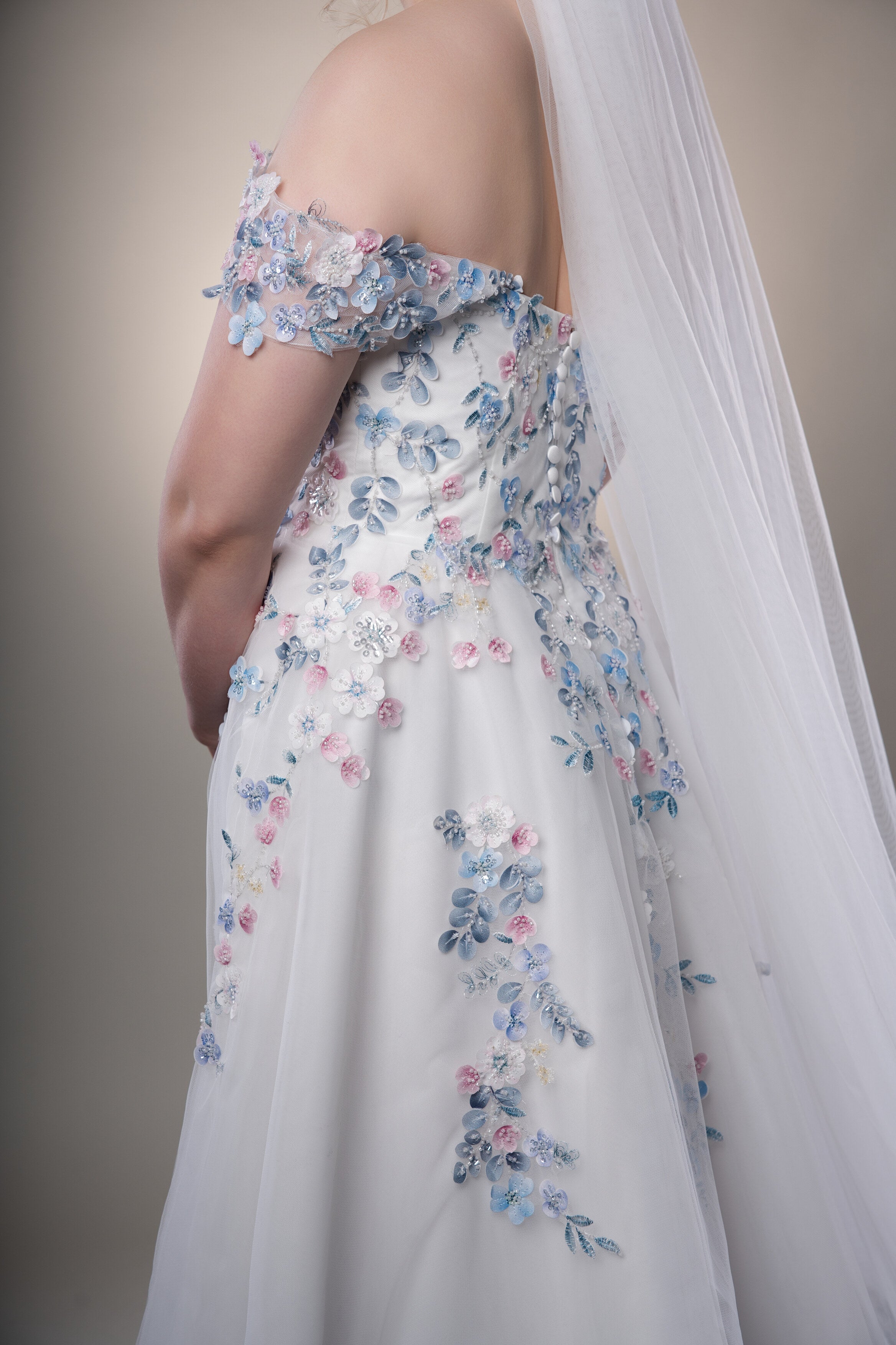 Off shoulder floral wedding dress with 3D blue and pink flower embroidery - Romantic A-line garden bridal gown with tulle skirt