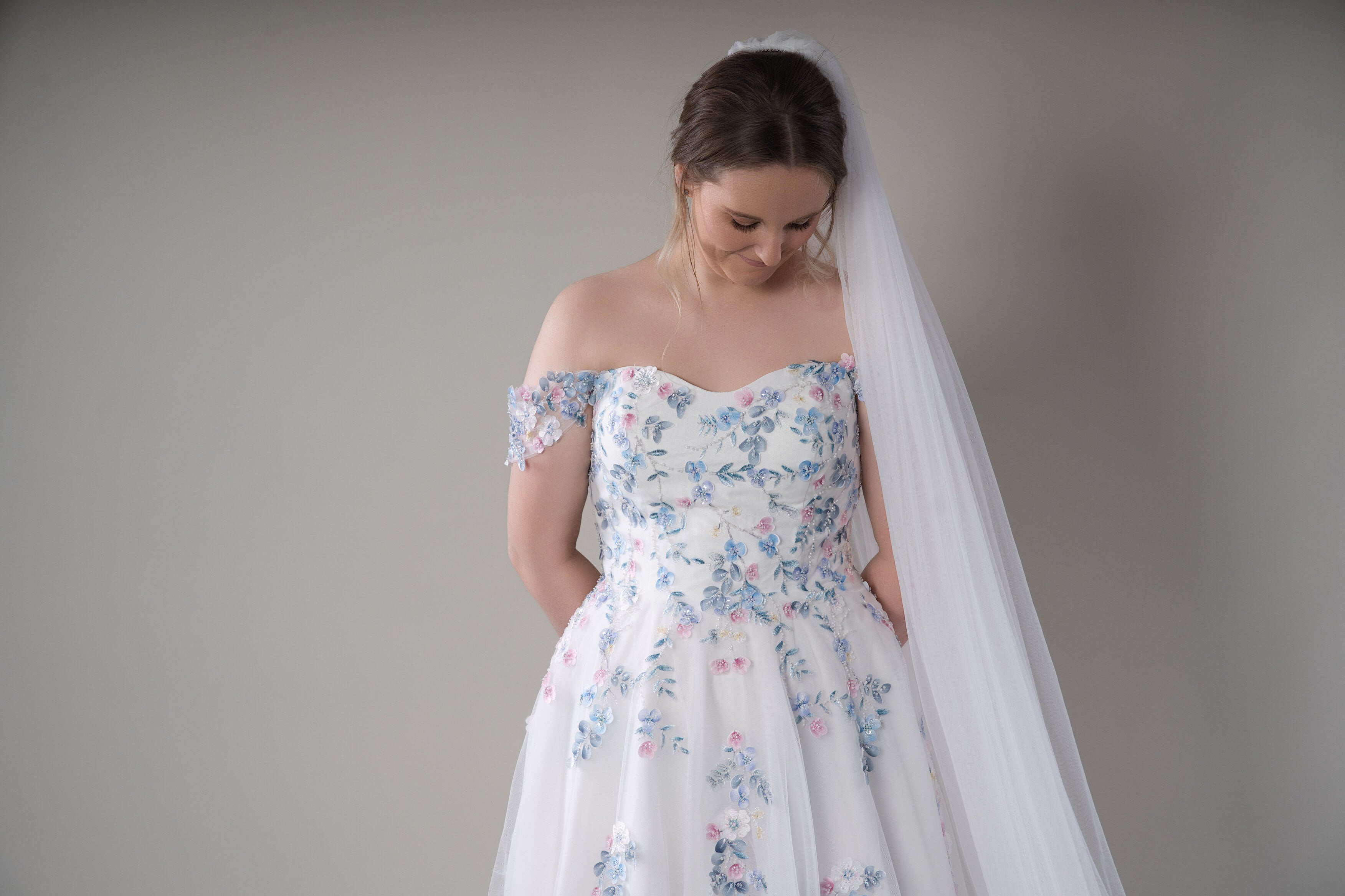 Off shoulder floral wedding dress with 3D blue and pink flower embroidery - Romantic A-line garden bridal gown with tulle skirt