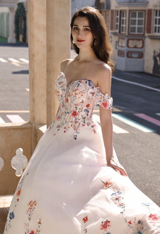 Blush Pink Elegant Bridal Gown- Colorful Lace Wedding Dress With Off-Shoulder Sleeves