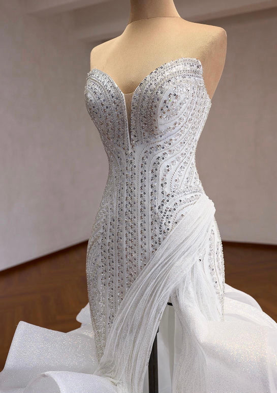 Mermaid Wedding Dress | Beaded Corset Gown, Organza Ruffle Train, Custom Bridal
