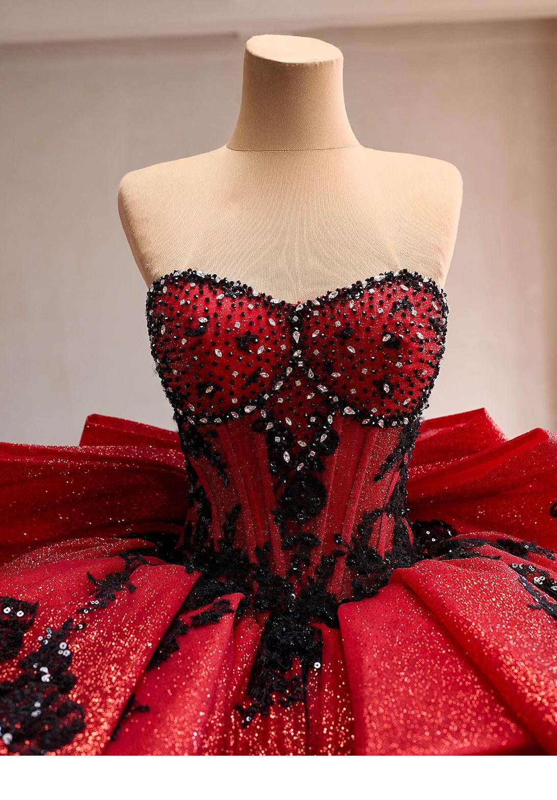 Red Glitter Ball Gown with Black Lace | Corset Sweetheart Wedding & Prom Dress