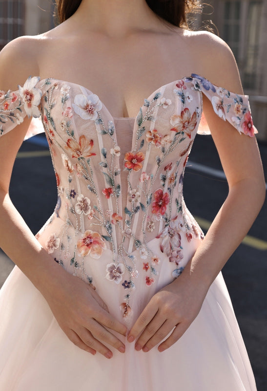 Blush Pink Elegant Bridal Gown- Colorful Lace Wedding Dress With Off-Shoulder Sleeves