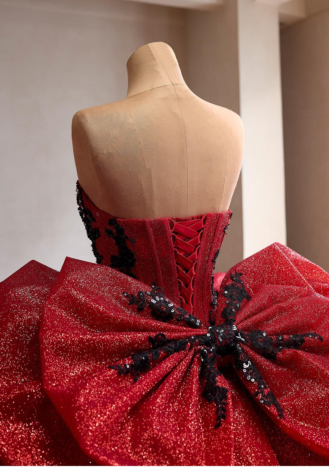 Red Glitter Ball Gown with Black Lace | Corset Sweetheart Wedding & Prom Dress