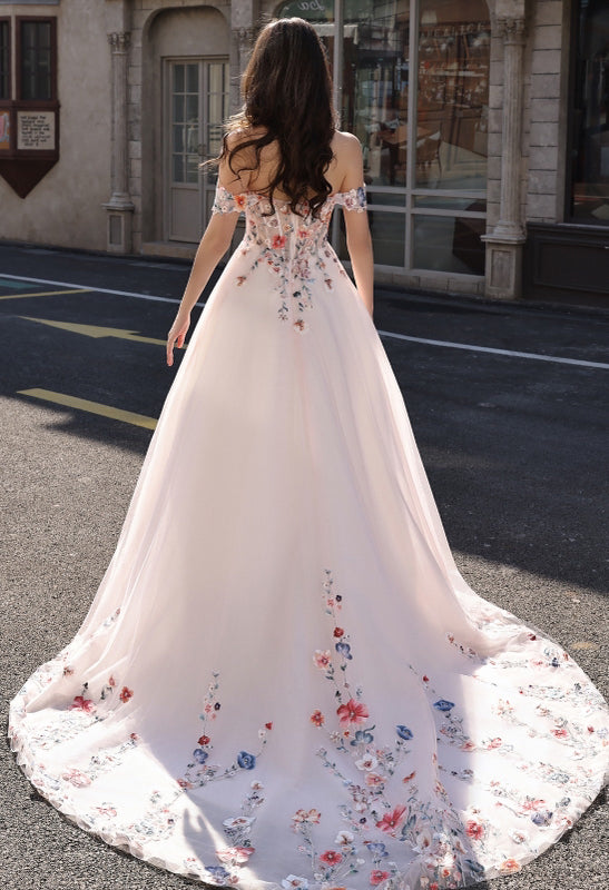 Blush Pink Elegant Bridal Gown- Colorful Lace Wedding Dress With Off-Shoulder Sleeves