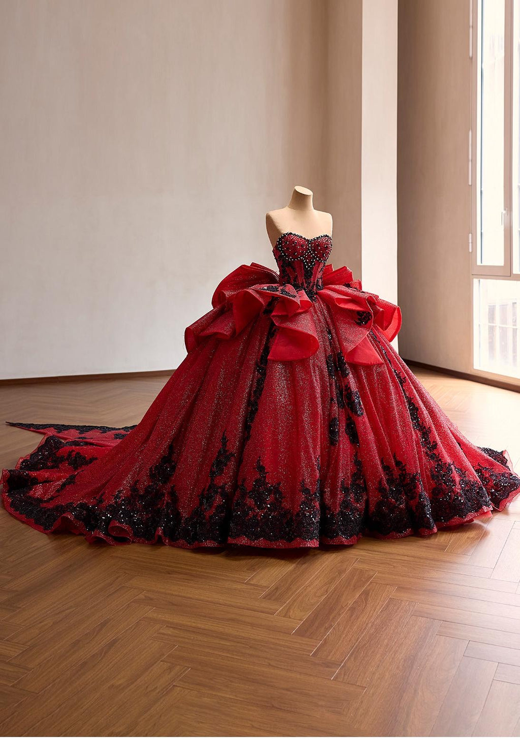Red Glitter Ball Gown with Black Lace | Corset Sweetheart Wedding & Prom Dress