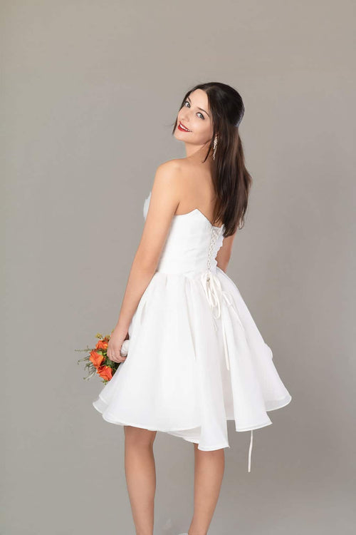 Beautiful Mini Wedding Dress, strapless with lace-up corset back and full skirt – Art Kollocsion Auckland