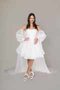 White mini wedding dress with puffed off-shoulder sleeves – Art Kollocsion Auckland