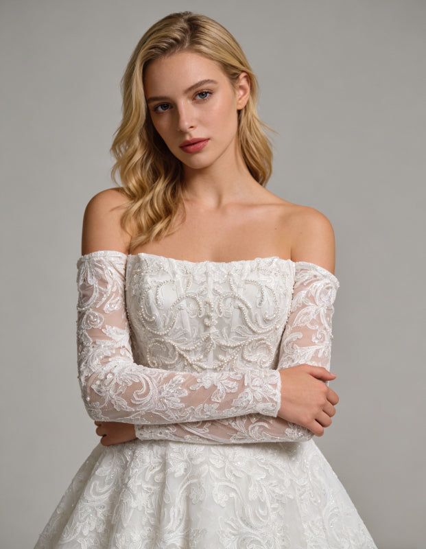 Off-Shoulder Lace beaded Ball Gown Wedding Dress with Long Sleeves