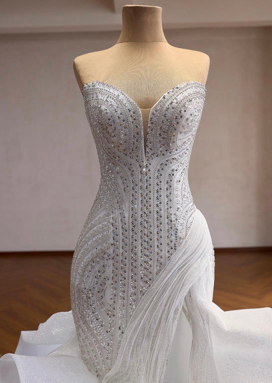 Mermaid Wedding Dress | Beaded Corset Gown, Organza Ruffle Train, Custom Bridal