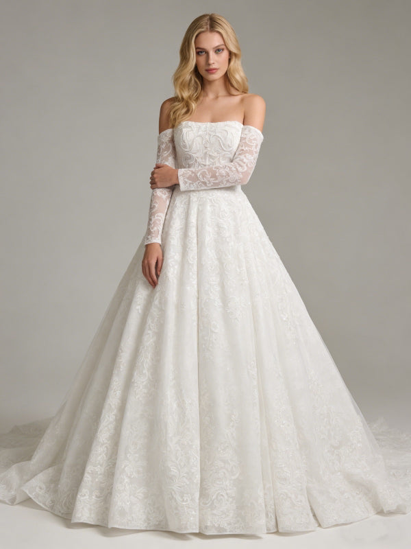 Off-Shoulder Lace beaded Ball Gown Wedding Dress with Long Sleeves