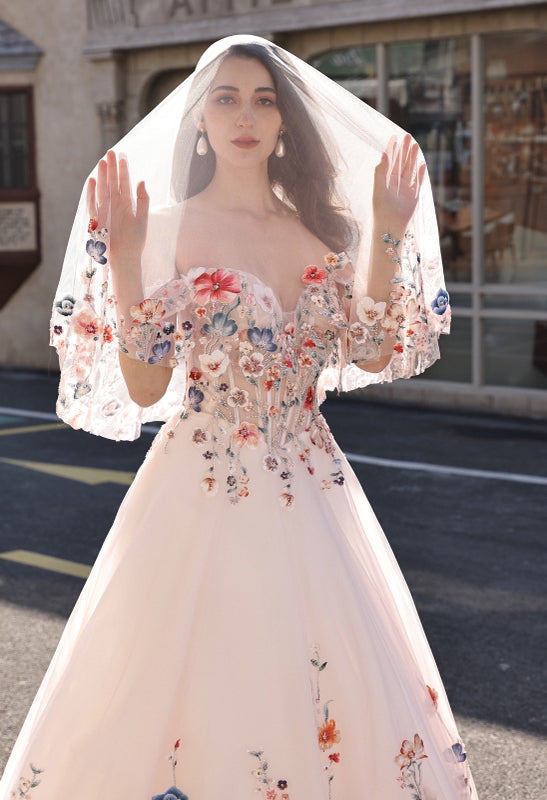 Blush Pink Elegant Bridal Gown- Colorful Lace Wedding Veil