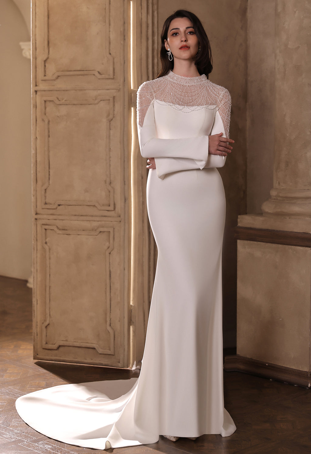Sparkling Sheer High-Neck Beaded Mesh Gown with Long Sleeves & Pearls, Modest Wedding Dress