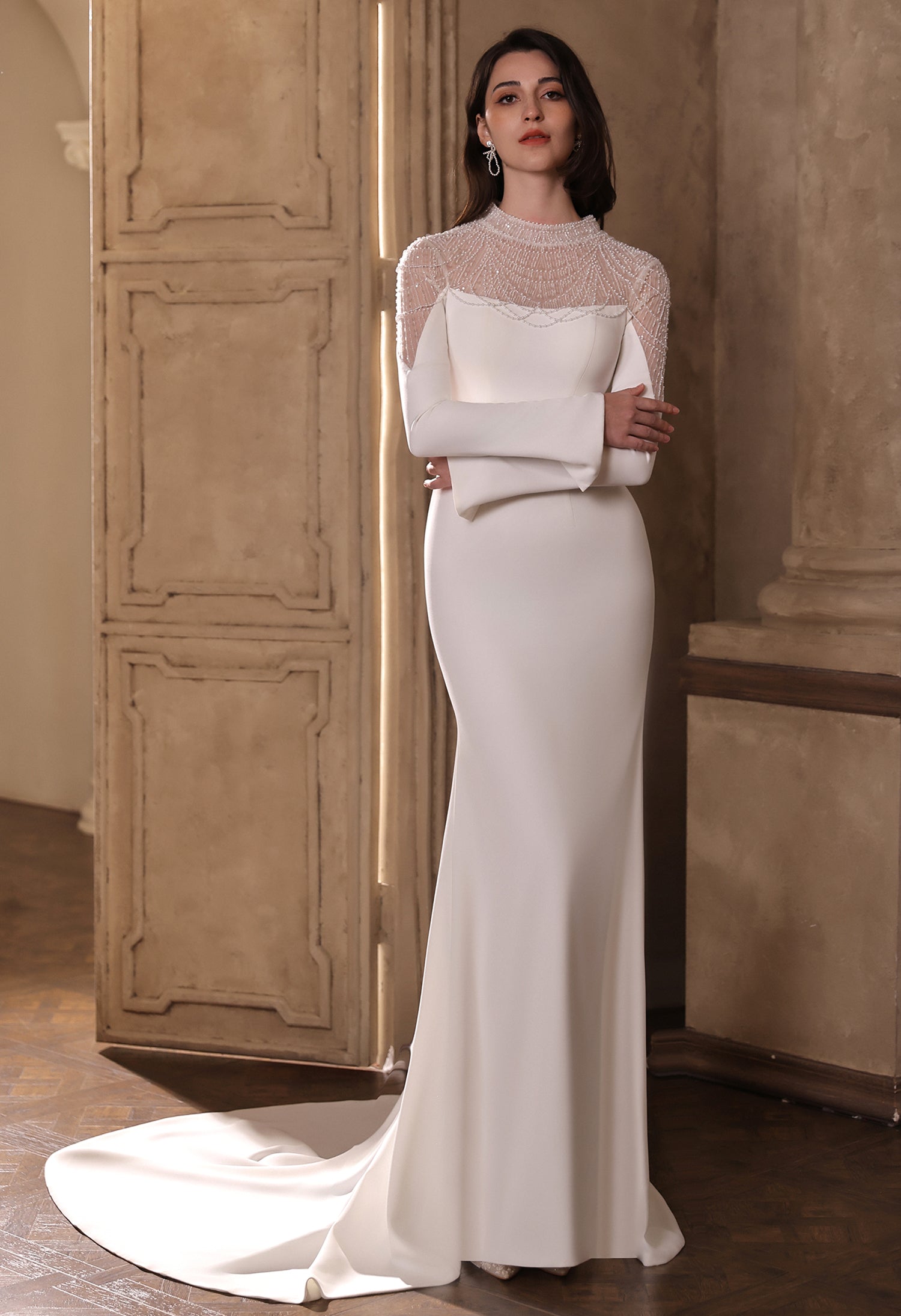 Sparkling Sheer High-Neck Beaded Mesh Gown with Long Sleeves & Pearls, Modest Wedding Dress
