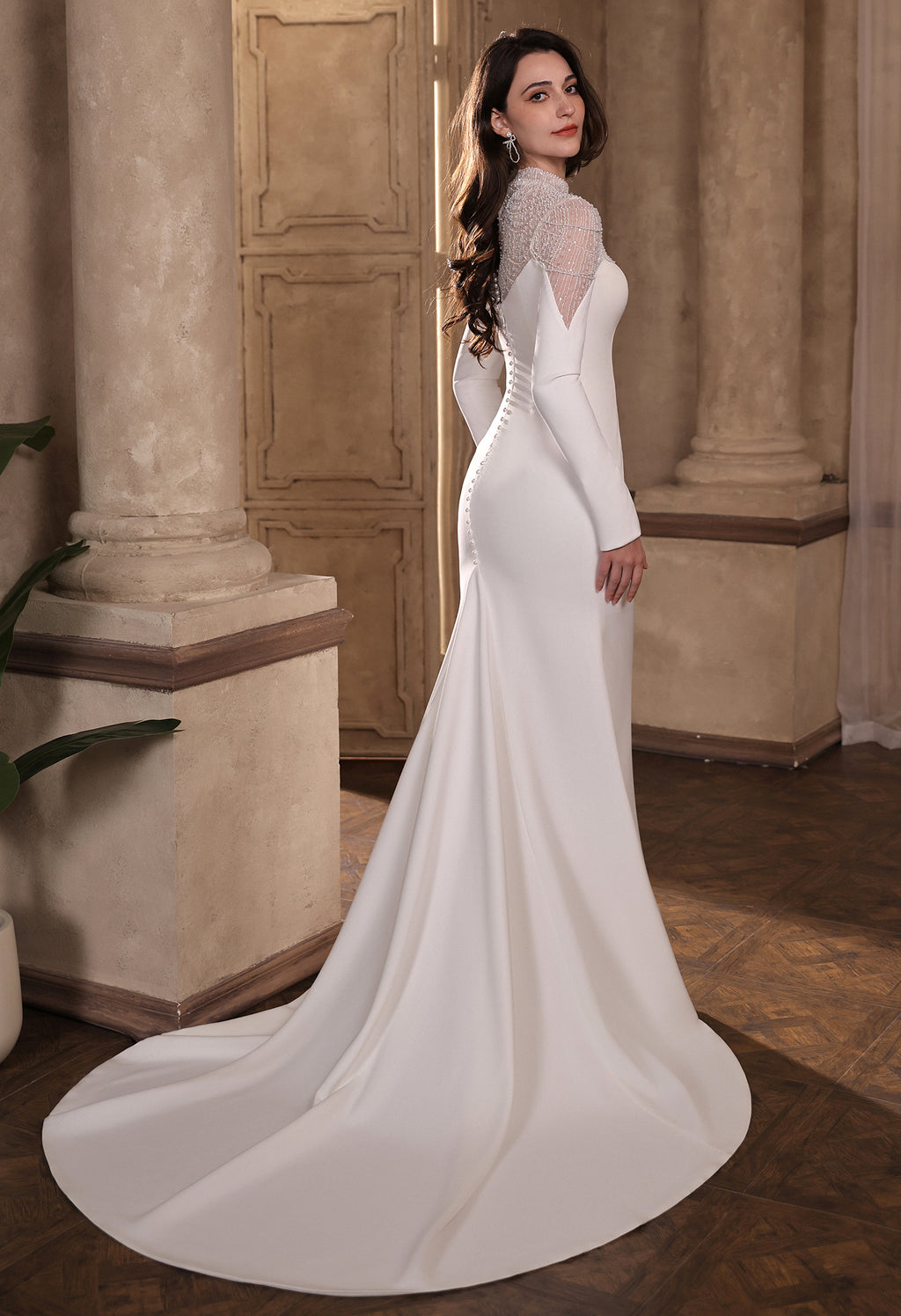 Sparkling Sheer High-Neck Beaded Mesh Gown with Long Sleeves & Pearls, Modest Wedding Dress
